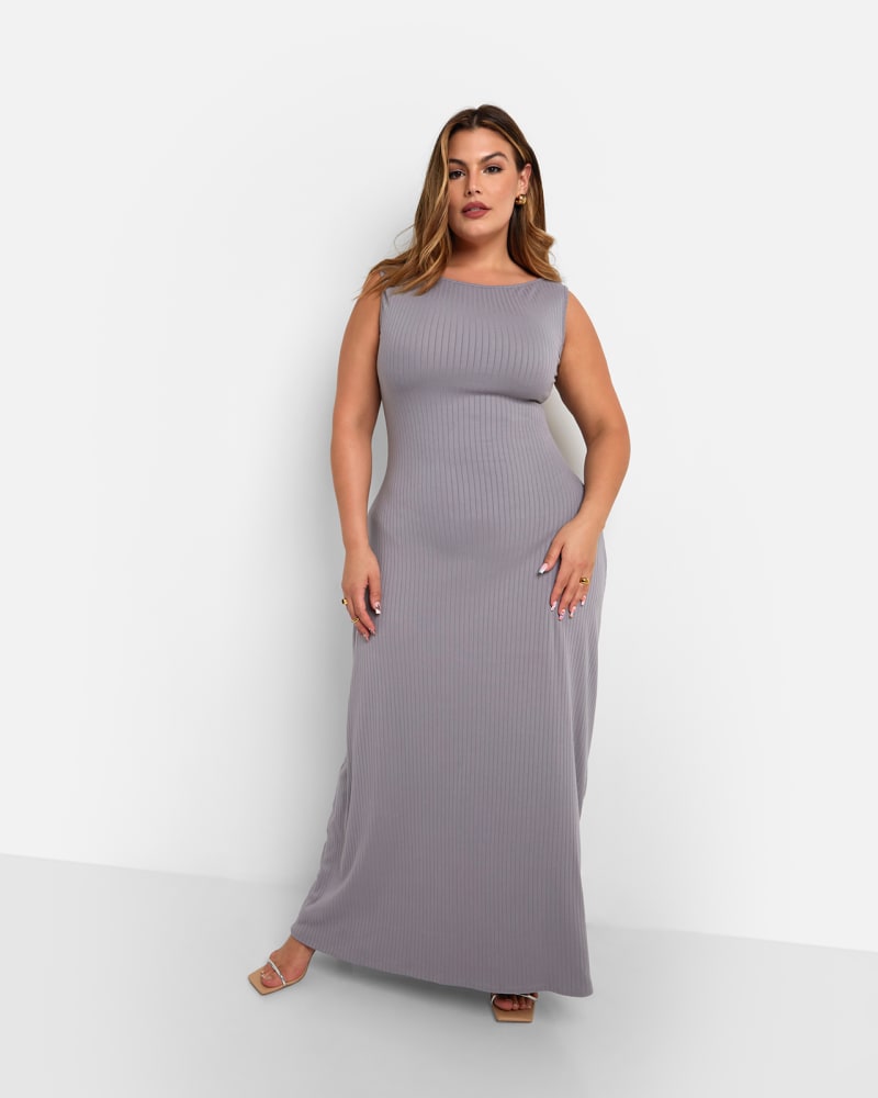 Front of a model wearing a size L Camila Ribbed Cap Sleeve Maxi Bodycon Dress - Light Gray in Gray by Rebdolls. | dia_product_style_image_id:324234